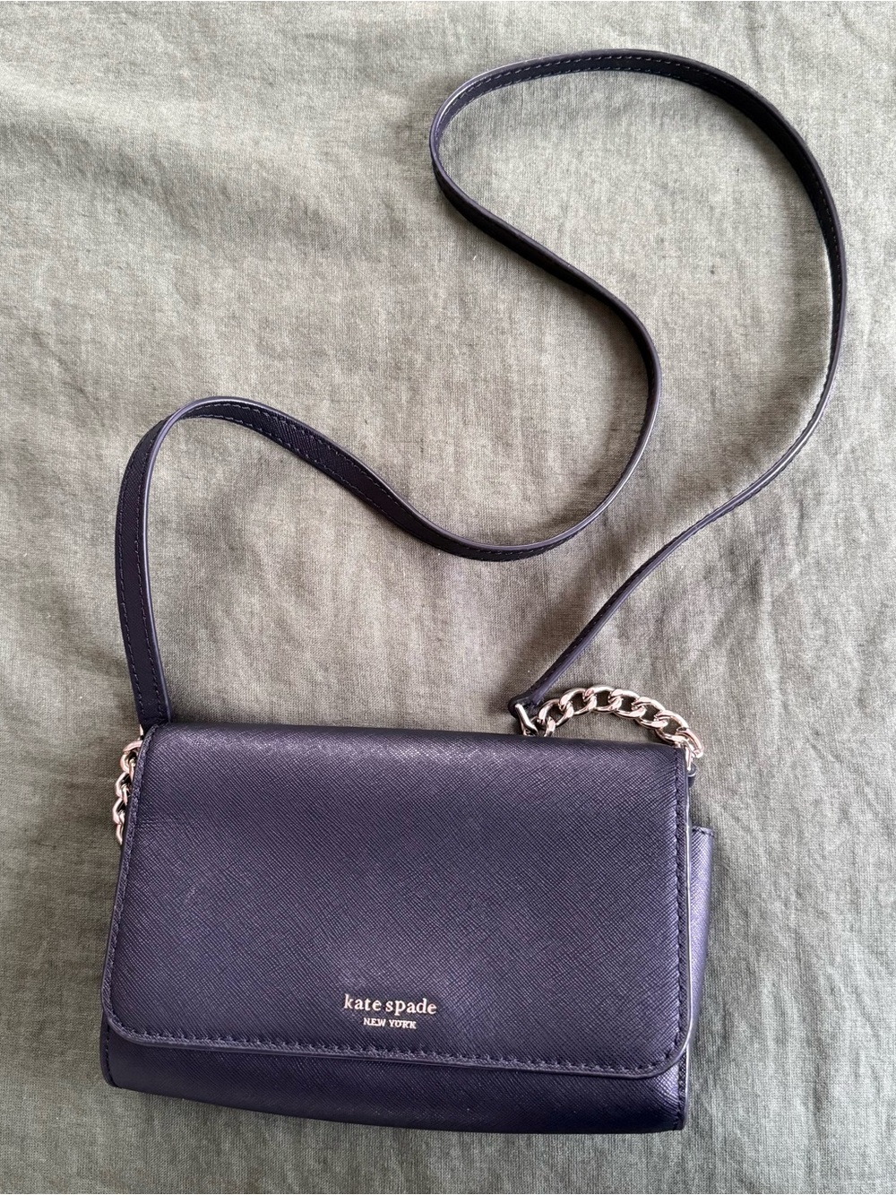 kate spade black leather crossbody with gold chain
